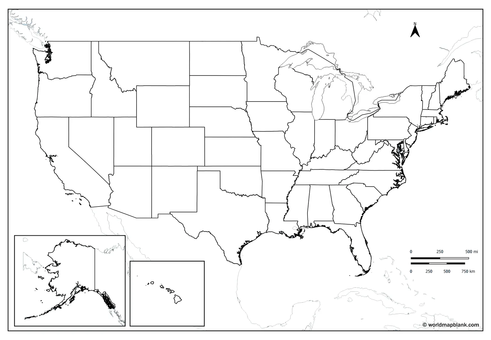 Blank map of the United States with neighboring countries Canada and Mexico shown