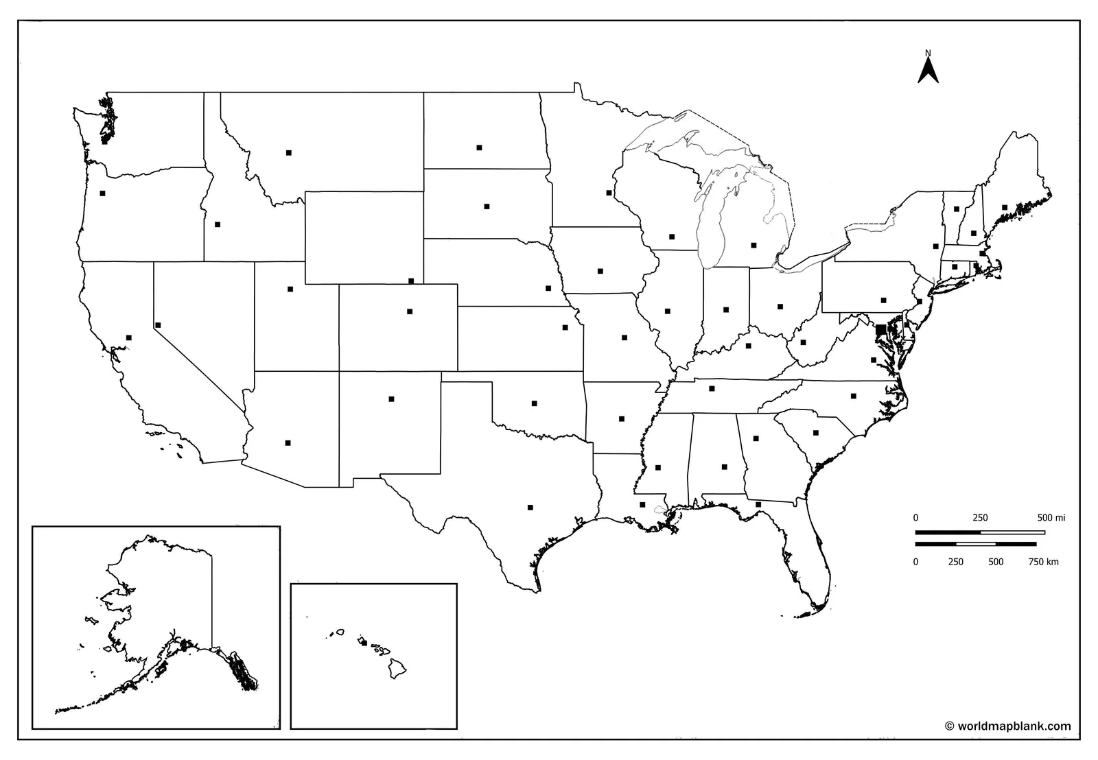 Blank map of the United States with state capitals marked as dots and left unnamed