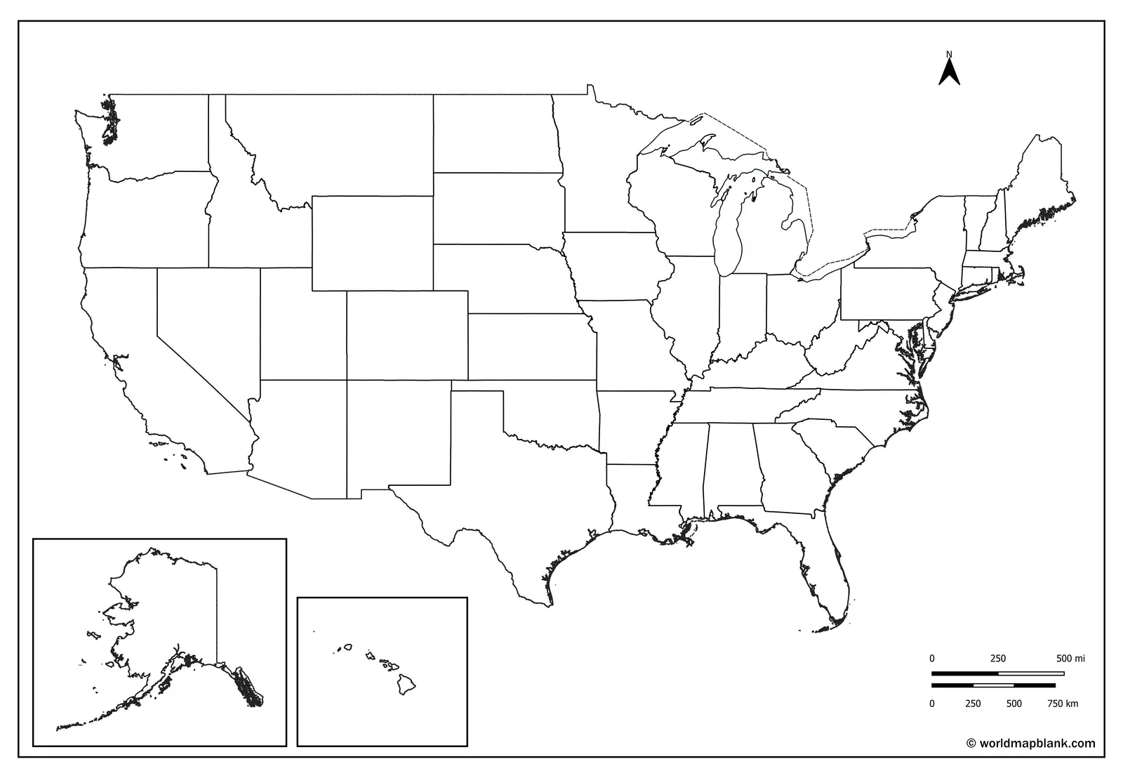 Blank map of the United States with all 50 state borders and no state names