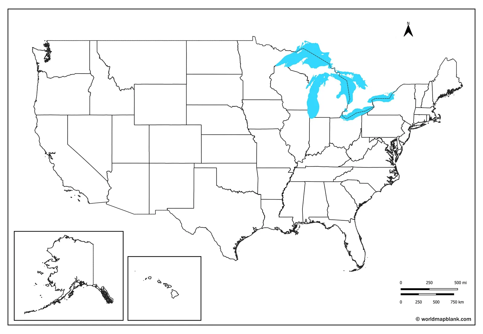 Blank USA map with state borders and the five Great Lakes drawn in