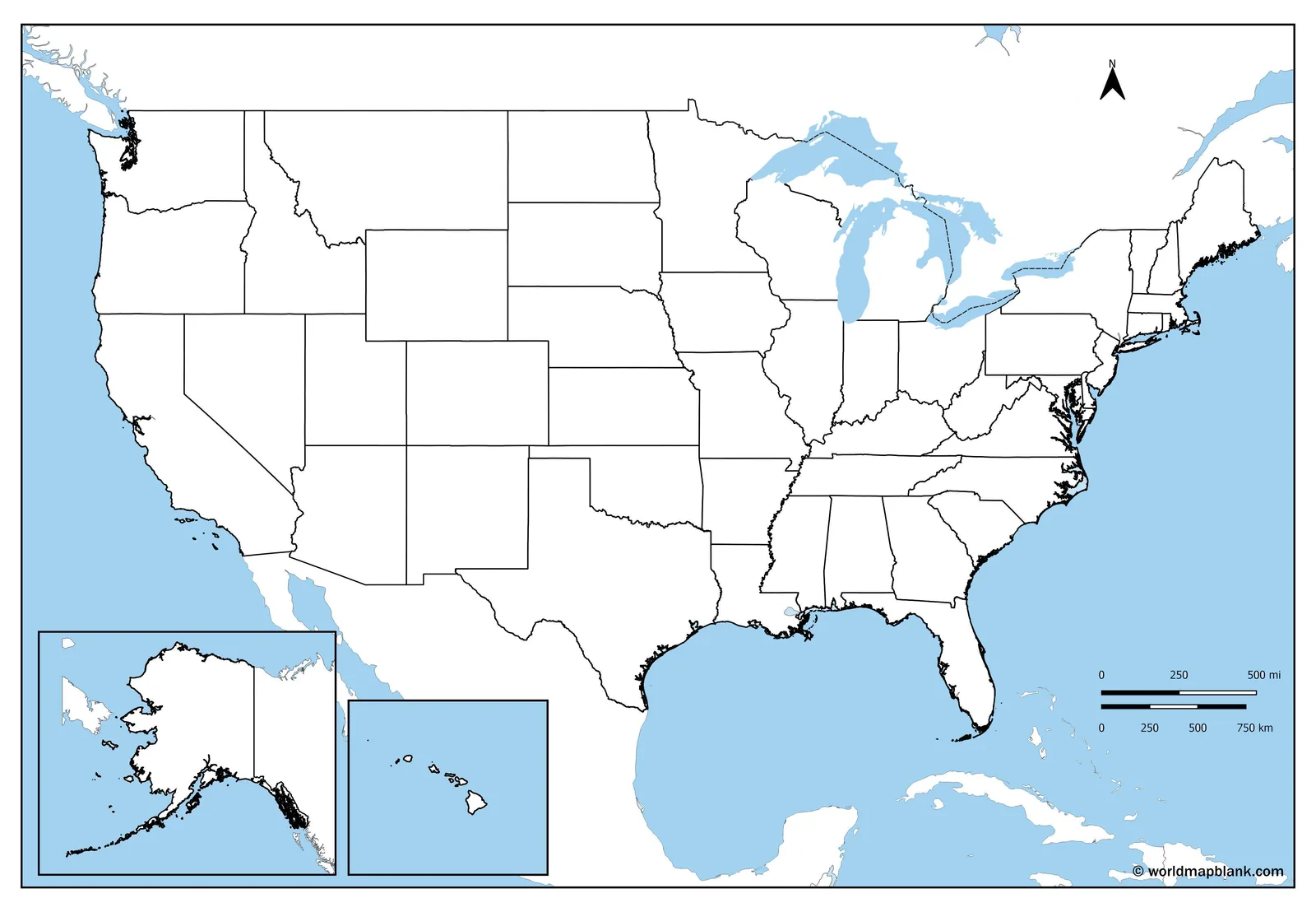 Blank USA map with oceans and Great Lakes shown in blue around the state borders