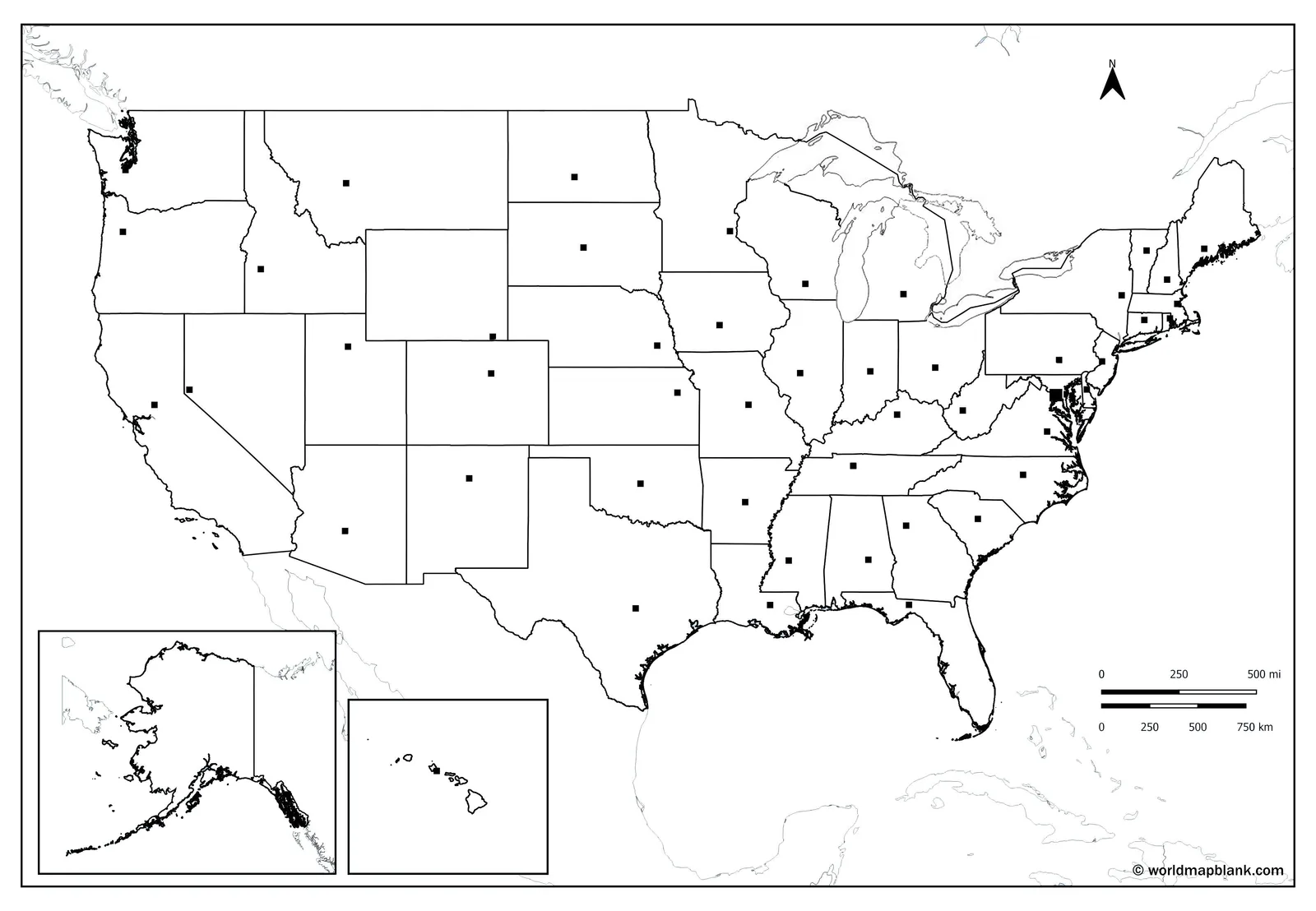 Blank USA map with state capitals marked plus Canada and Mexico as neighboring countries