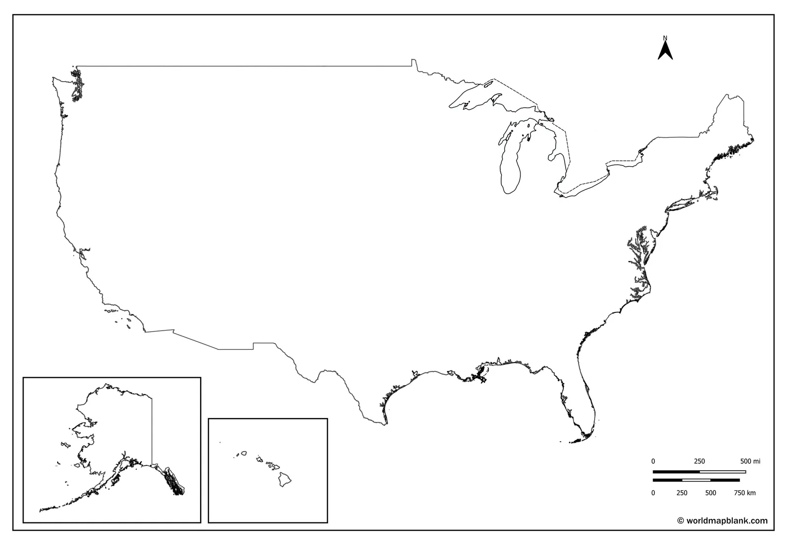 United States outline map showing only the national border without state lines